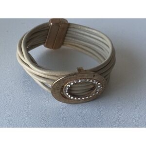 Boho Chic Cream Leather Multi-Cord Bracelet with Crystal Oval Accent